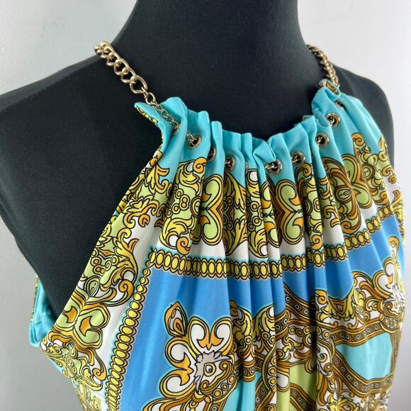 CACHE Womens Baroque Chain Halter Dress Blue Yellow Sleeveless Stretch Size M - Picture 4 of 10